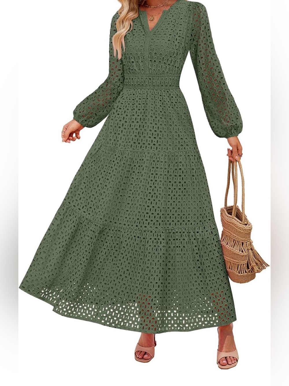 ZESICA Olive Green Long Sleeve Eyelet Cottagecore Maxi Dress